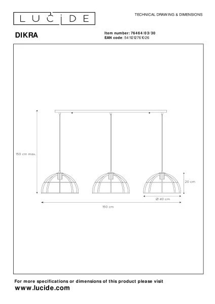 Lucide DIKRA - Suspension - Ø 40 cm - 3xE27 - Noir - technique